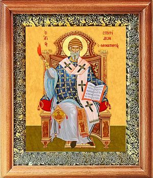 Икона Спиридона епископа Тримифунтского в киоте | Размер 13х16 см | 40200-8 (09С8)