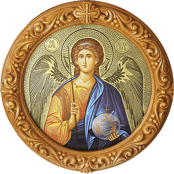 Купить Икону Святого Архангела Михаила в басменном окладе в резной круглой рамке, Р-252