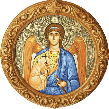 Купить Икону Святого Ангела Хранителя в басменном окладе в резной круглой рамке, Р-255