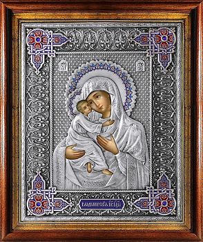 Купить икону Божией Матери "Владимирская" в посеребренной ризе (окладе) в киоте, Р-113.2К