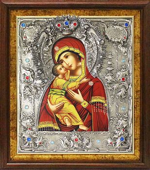 Икона Богородицы "Владимирская" в посеребренной ризе (окладе) в басменном киоте, Р-20.2К