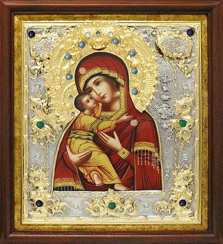 Икона Божией Матери "Владимирская" в посеребренной ризе (окладе) в басменном киоте с золочением, Р-20.7К