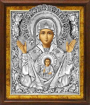 Икона Божией Матери "Знамение" в посеребренной ризе (окладе) в басменном киоте, Р-88К