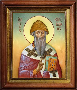Икона Спиридона епископа Тримифунтского в киоте | Размер 13х16 см | 40200-5 (09С15)