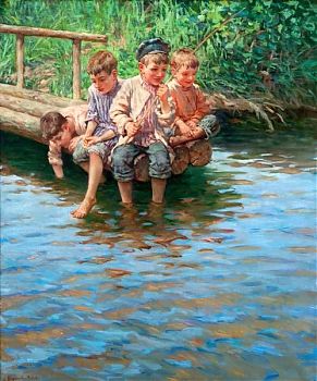 Николай Петрович Богданов-Бельский - Четыре мальчика рыбачат на берегу, пейзаж - 170222