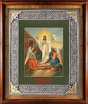 Универсальный посеребренный оклад (Икона ГОСПОДА ВСЕДЕРЖИТЕЛЯ "ВОСКРЕСЕНИЕ ХРИСТОВО") в киоте, Р-209.2К