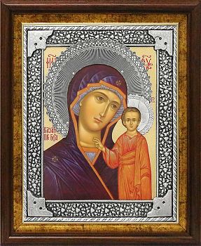 Универсальный посеребренный оклад (Икона БОЖИЕЙ МАТЕРИ "КАЗАНСКАЯ") в киоте, Р-58-УЛКН (01019)