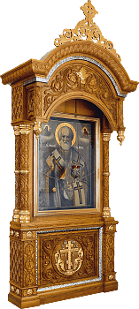 Киот напольный из дерева "Державный" с сенью, "Вариант №1", резьба, позолота. Заказать по цене производителя для украшения православного храма