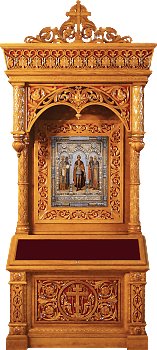 Киот напольный из дерева "Троицкий" с сенью, со встроенной витриной. Заказать по цене производителя для украшения православного храма
